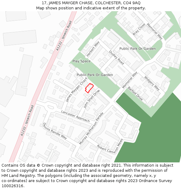 17, JAMES MAYGER CHASE, COLCHESTER, CO4 9AQ: Location map and indicative extent of plot