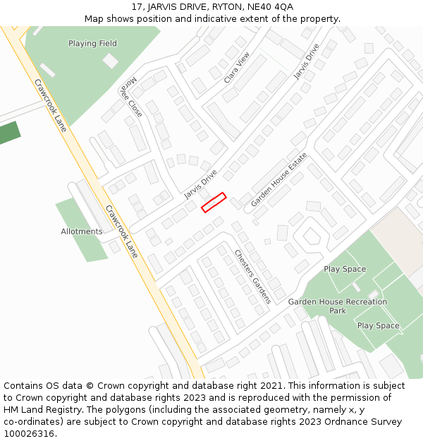 17, JARVIS DRIVE, RYTON, NE40 4QA: Location map and indicative extent of plot