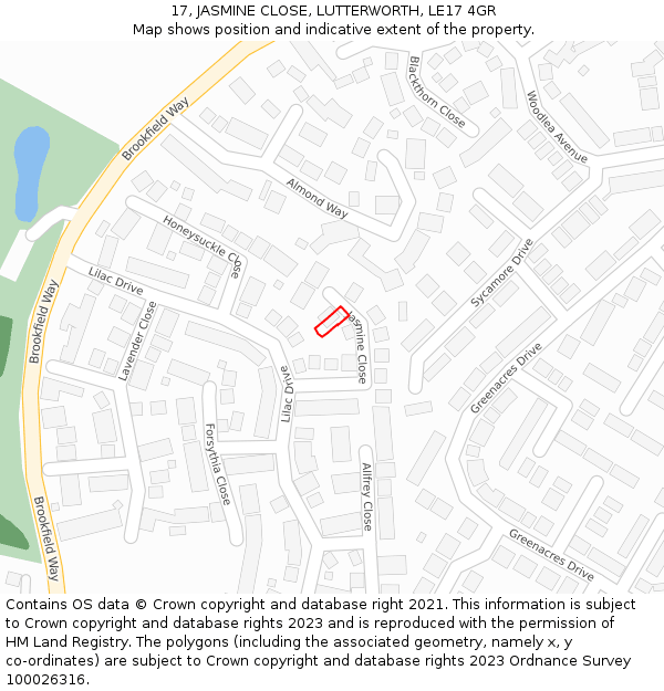 17, JASMINE CLOSE, LUTTERWORTH, LE17 4GR: Location map and indicative extent of plot