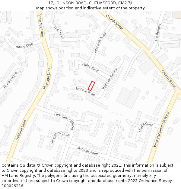 17, JOHNSON ROAD, CHELMSFORD, CM2 7JL: Location map and indicative extent of plot