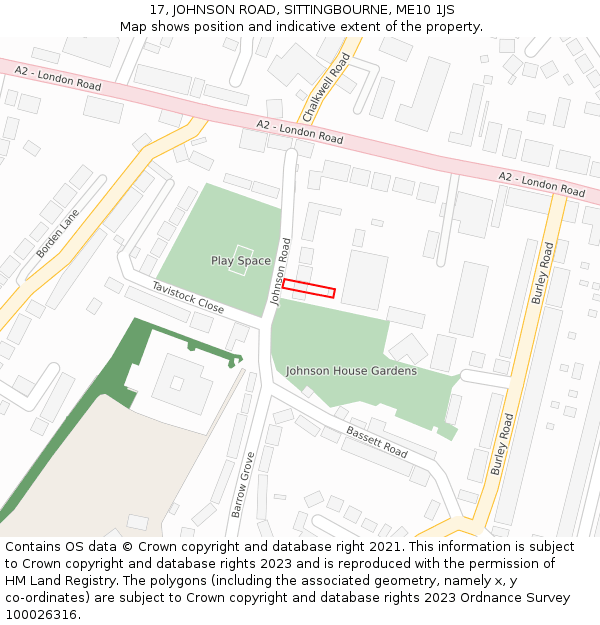 17, JOHNSON ROAD, SITTINGBOURNE, ME10 1JS: Location map and indicative extent of plot