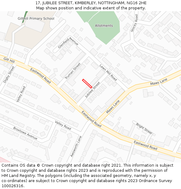 17, JUBILEE STREET, KIMBERLEY, NOTTINGHAM, NG16 2HE: Location map and indicative extent of plot