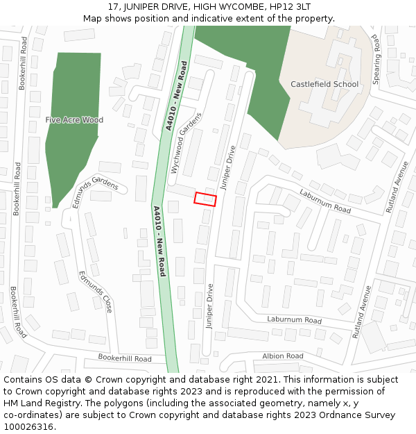 17, JUNIPER DRIVE, HIGH WYCOMBE, HP12 3LT: Location map and indicative extent of plot