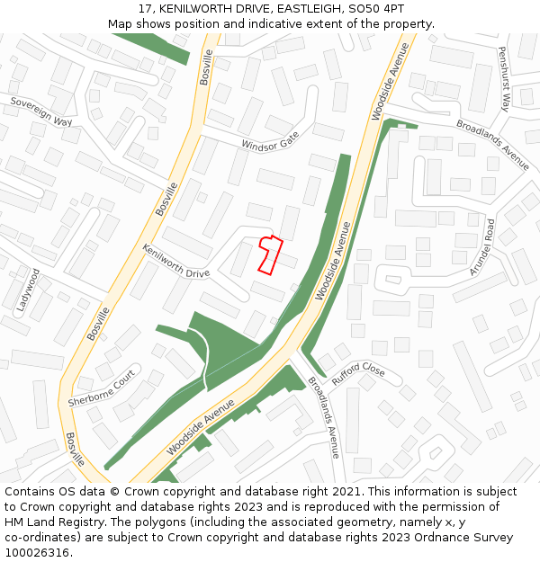 17, KENILWORTH DRIVE, EASTLEIGH, SO50 4PT: Location map and indicative extent of plot