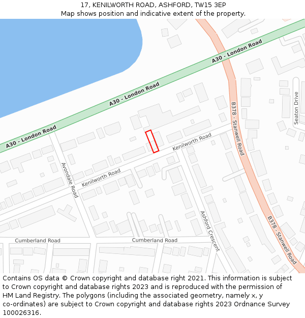 17, KENILWORTH ROAD, ASHFORD, TW15 3EP: Location map and indicative extent of plot