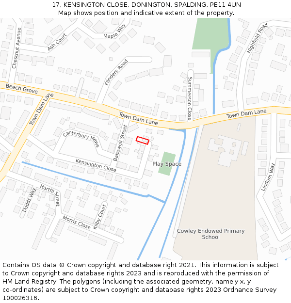 17, KENSINGTON CLOSE, DONINGTON, SPALDING, PE11 4UN: Location map and indicative extent of plot