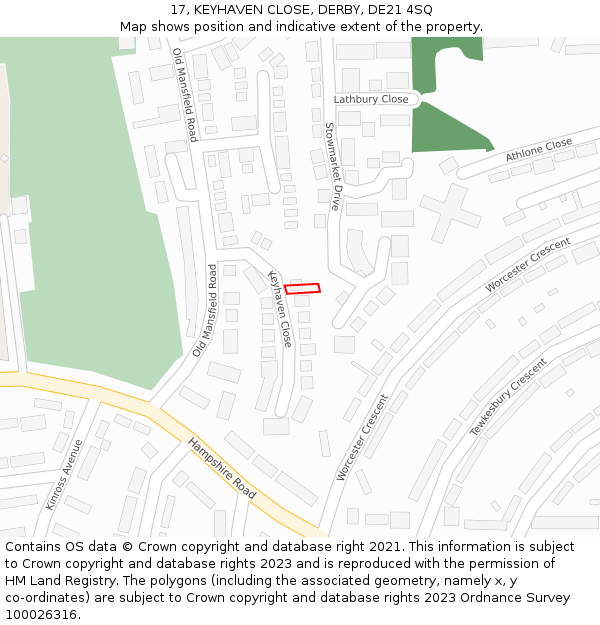 17, KEYHAVEN CLOSE, DERBY, DE21 4SQ: Location map and indicative extent of plot