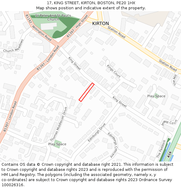 17, KING STREET, KIRTON, BOSTON, PE20 1HX: Location map and indicative extent of plot