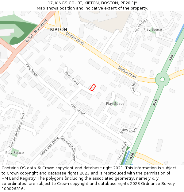 17, KINGS COURT, KIRTON, BOSTON, PE20 1JY: Location map and indicative extent of plot