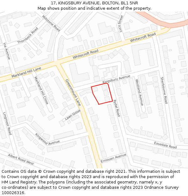 17, KINGSBURY AVENUE, BOLTON, BL1 5NR: Location map and indicative extent of plot