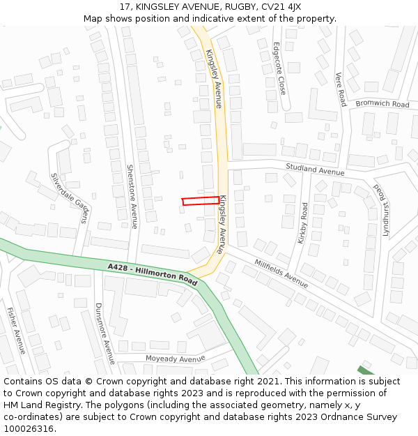 17, KINGSLEY AVENUE, RUGBY, CV21 4JX: Location map and indicative extent of plot