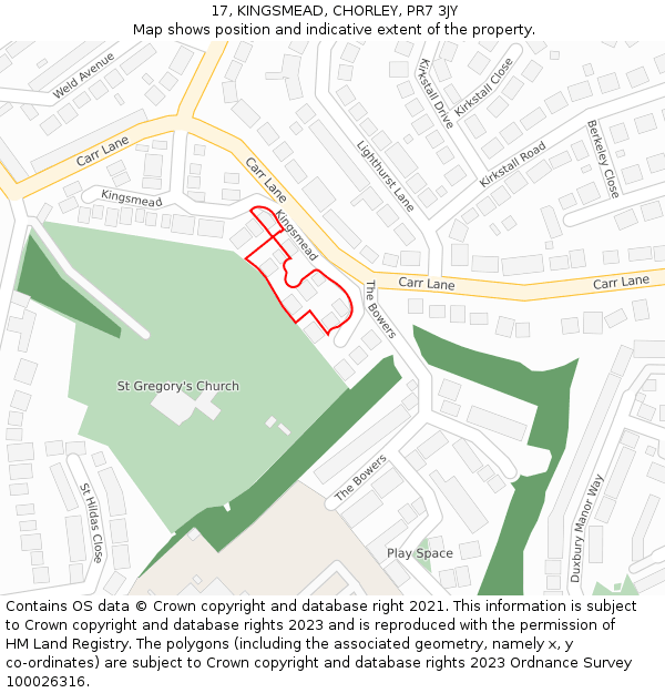 17, KINGSMEAD, CHORLEY, PR7 3JY: Location map and indicative extent of plot