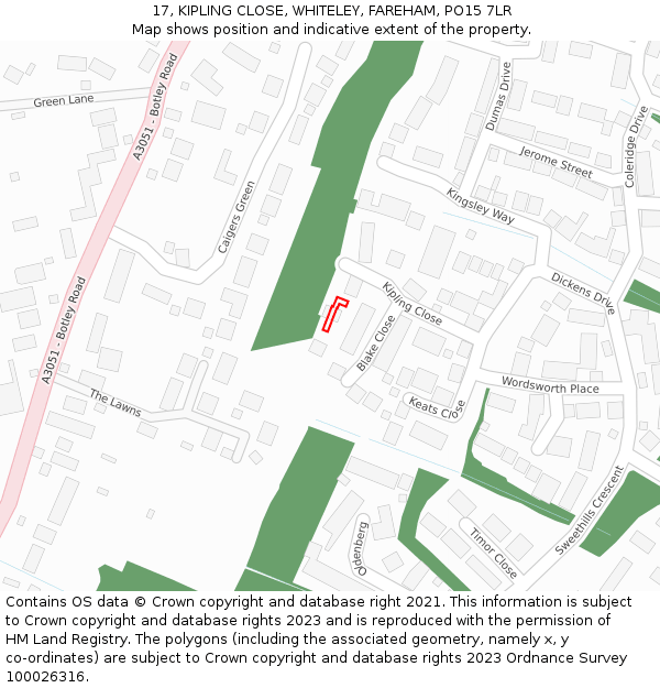 17, KIPLING CLOSE, WHITELEY, FAREHAM, PO15 7LR: Location map and indicative extent of plot