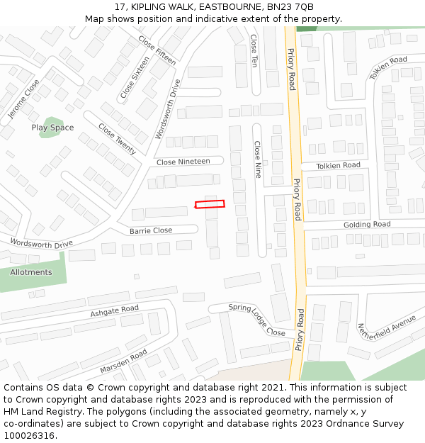 17, KIPLING WALK, EASTBOURNE, BN23 7QB: Location map and indicative extent of plot