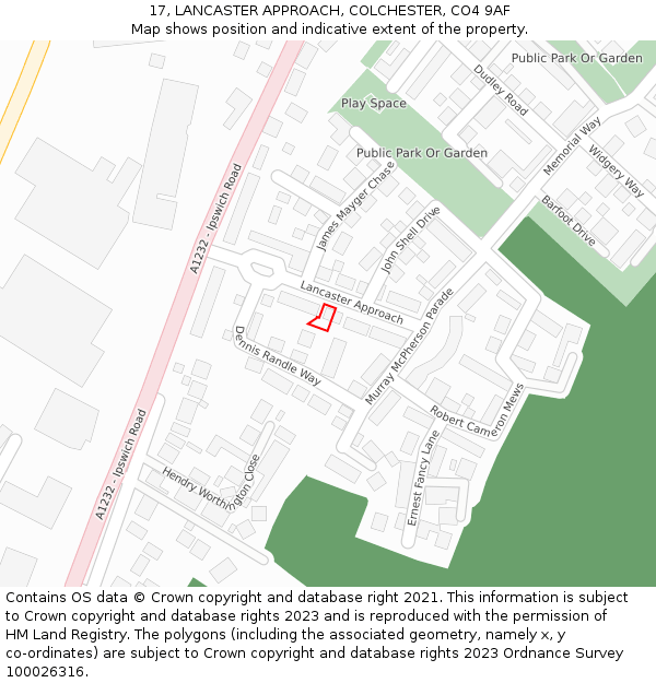 17, LANCASTER APPROACH, COLCHESTER, CO4 9AF: Location map and indicative extent of plot