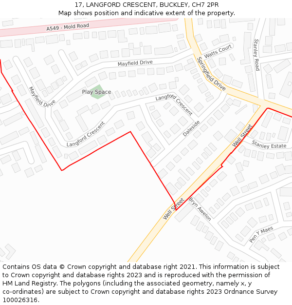 17, LANGFORD CRESCENT, BUCKLEY, CH7 2PR: Location map and indicative extent of plot