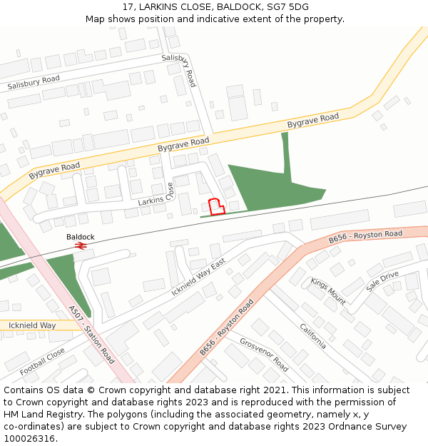 17, LARKINS CLOSE, BALDOCK, SG7 5DG: Location map and indicative extent of plot