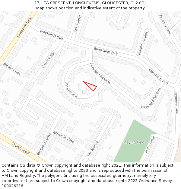 17, LEA CRESCENT, LONGLEVENS, GLOUCESTER, GL2 0DU: Location map and indicative extent of plot