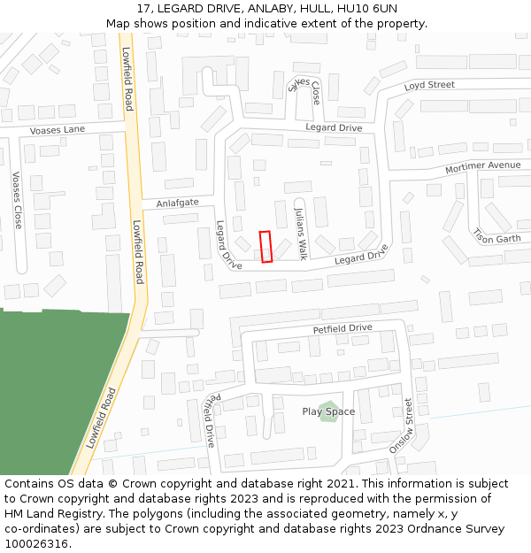 17, LEGARD DRIVE, ANLABY, HULL, HU10 6UN: Location map and indicative extent of plot