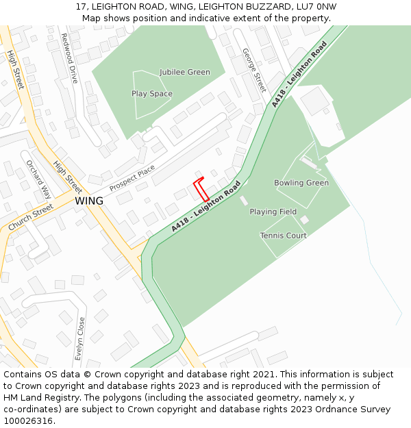 17, LEIGHTON ROAD, WING, LEIGHTON BUZZARD, LU7 0NW: Location map and indicative extent of plot