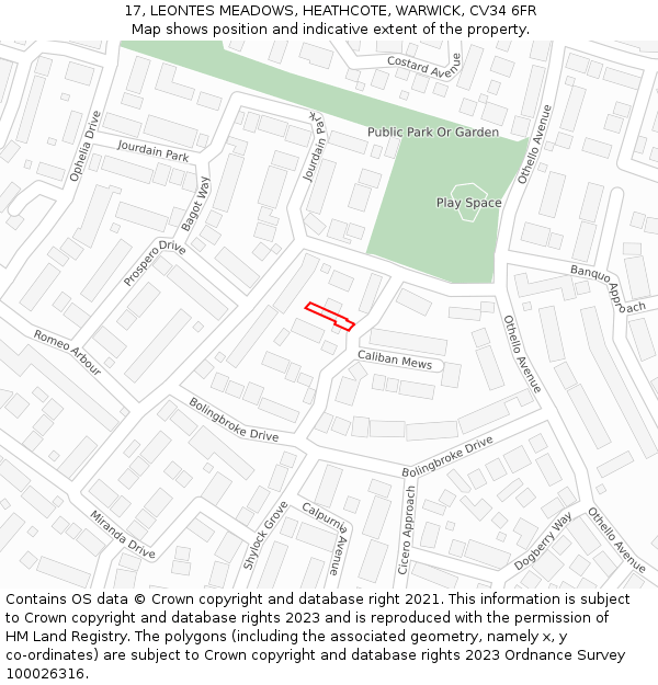 17, LEONTES MEADOWS, HEATHCOTE, WARWICK, CV34 6FR: Location map and indicative extent of plot