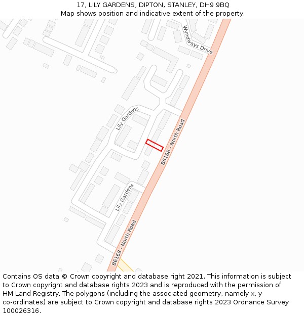 17, LILY GARDENS, DIPTON, STANLEY, DH9 9BQ: Location map and indicative extent of plot