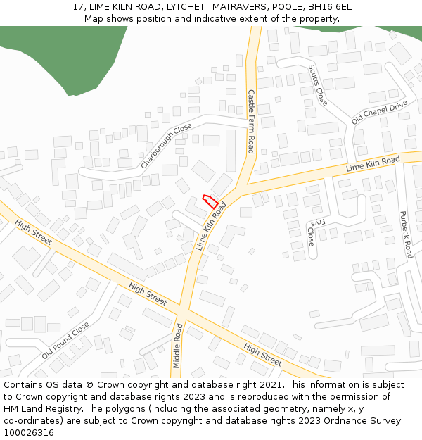 17, LIME KILN ROAD, LYTCHETT MATRAVERS, POOLE, BH16 6EL: Location map and indicative extent of plot