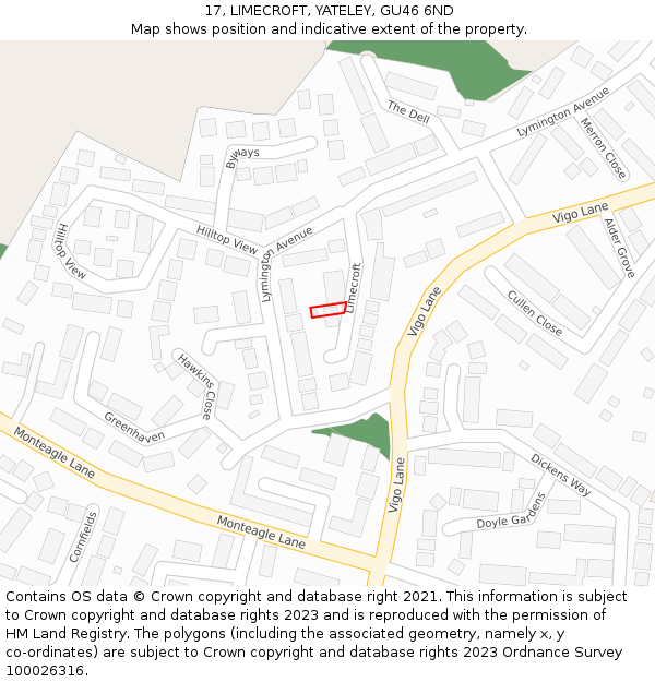 17, LIMECROFT, YATELEY, GU46 6ND: Location map and indicative extent of plot