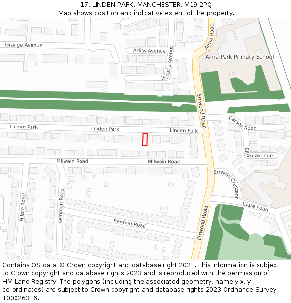 17, LINDEN PARK, MANCHESTER, M19 2PQ: Location map and indicative extent of plot