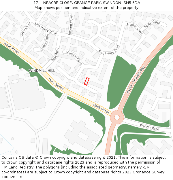 17, LINEACRE CLOSE, GRANGE PARK, SWINDON, SN5 6DA: Location map and indicative extent of plot