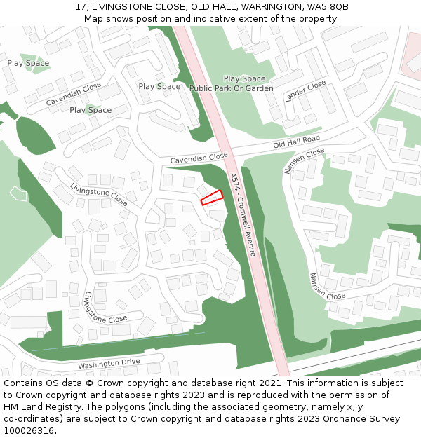 17, LIVINGSTONE CLOSE, OLD HALL, WARRINGTON, WA5 8QB: Location map and indicative extent of plot