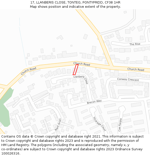 17, LLANBERIS CLOSE, TONTEG, PONTYPRIDD, CF38 1HR: Location map and indicative extent of plot