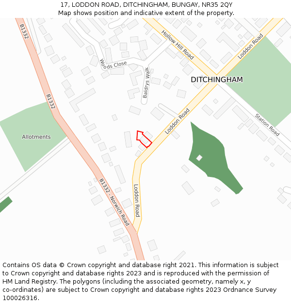 17, LODDON ROAD, DITCHINGHAM, BUNGAY, NR35 2QY: Location map and indicative extent of plot