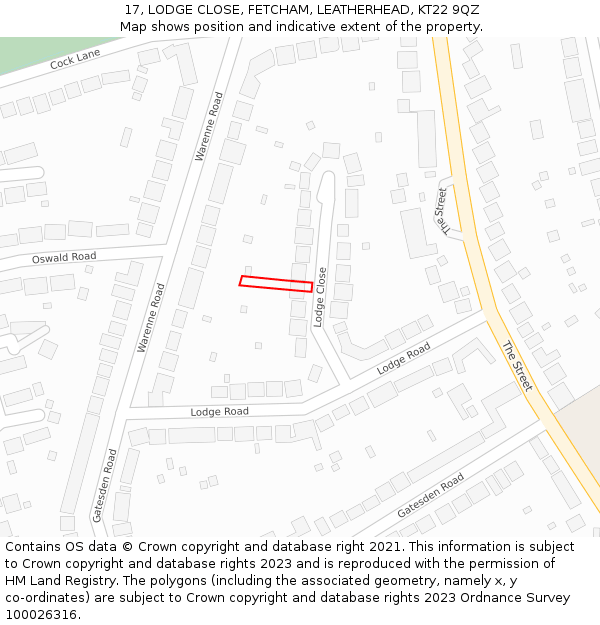 17, LODGE CLOSE, FETCHAM, LEATHERHEAD, KT22 9QZ: Location map and indicative extent of plot