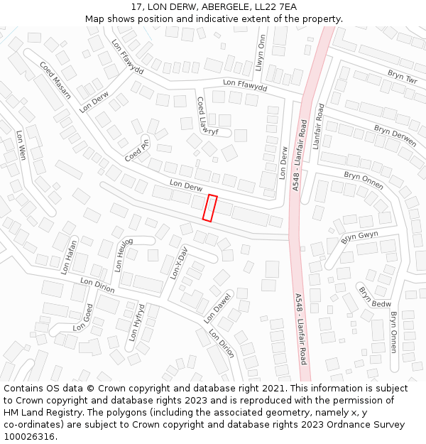 17, LON DERW, ABERGELE, LL22 7EA: Location map and indicative extent of plot