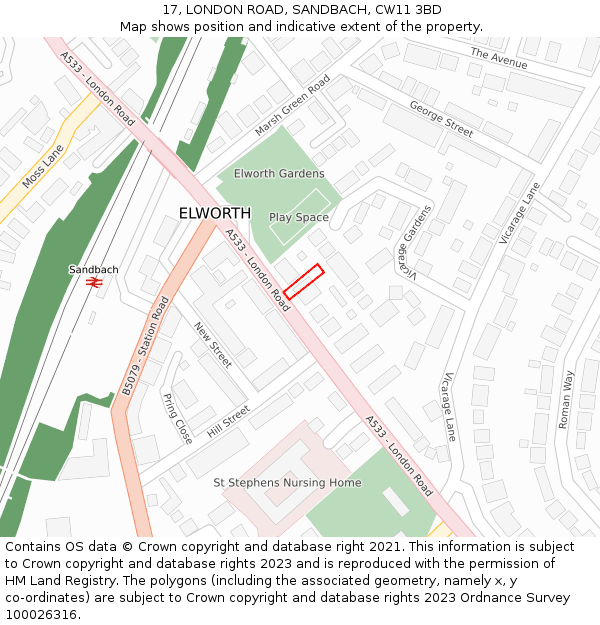 17, LONDON ROAD, SANDBACH, CW11 3BD: Location map and indicative extent of plot