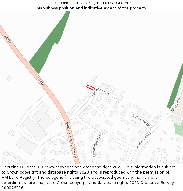 17, LONGTREE CLOSE, TETBURY, GL8 8LN: Location map and indicative extent of plot