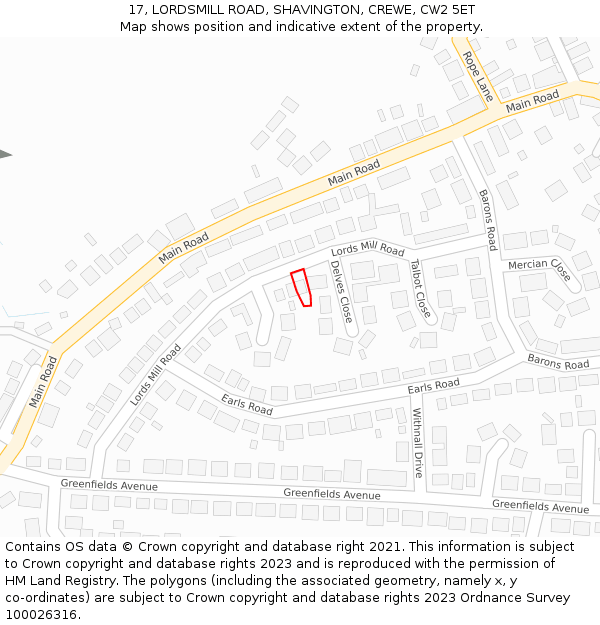 17, LORDSMILL ROAD, SHAVINGTON, CREWE, CW2 5ET: Location map and indicative extent of plot