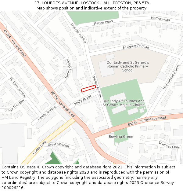 17, LOURDES AVENUE, LOSTOCK HALL, PRESTON, PR5 5TA: Location map and indicative extent of plot