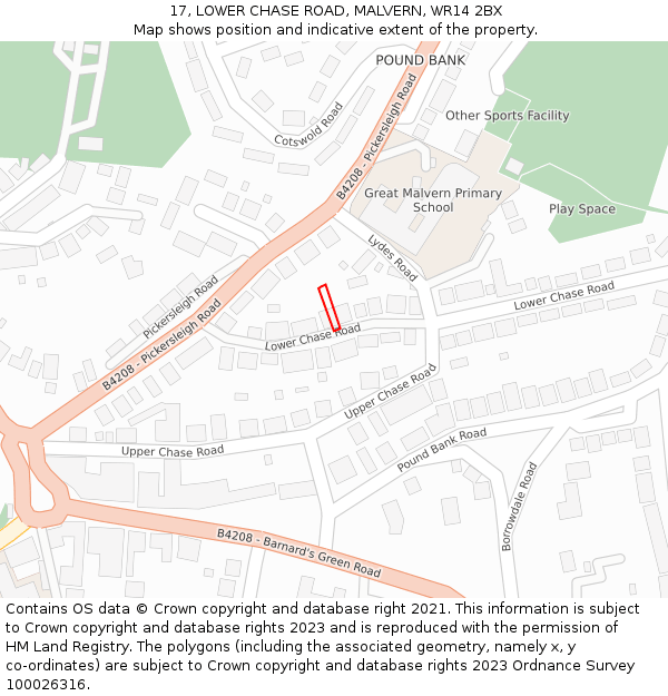 17, LOWER CHASE ROAD, MALVERN, WR14 2BX: Location map and indicative extent of plot