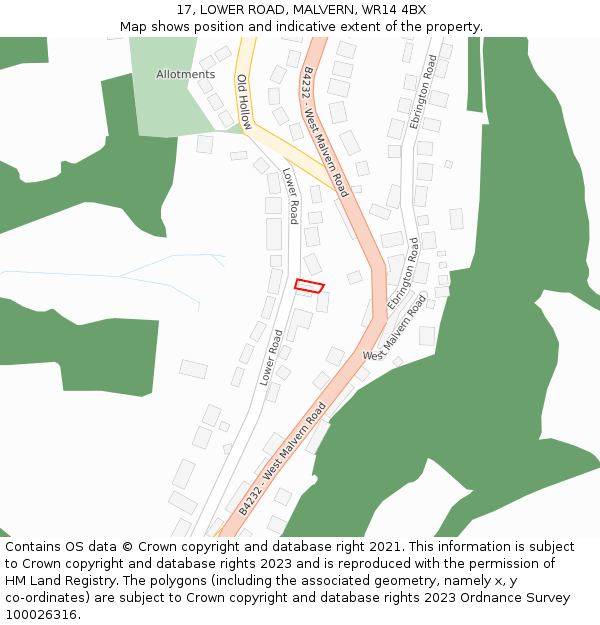 17, LOWER ROAD, MALVERN, WR14 4BX: Location map and indicative extent of plot