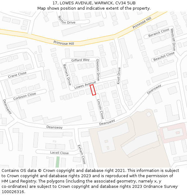 17, LOWES AVENUE, WARWICK, CV34 5UB: Location map and indicative extent of plot