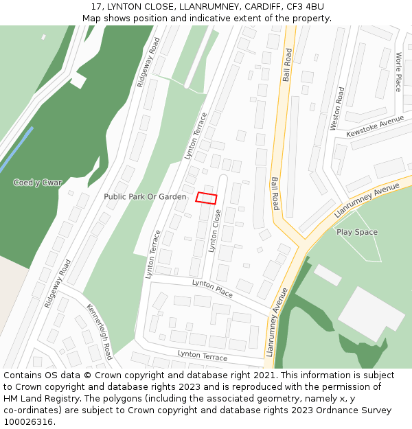 17, LYNTON CLOSE, LLANRUMNEY, CARDIFF, CF3 4BU: Location map and indicative extent of plot