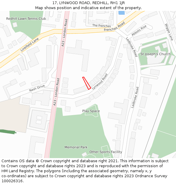 17, LYNWOOD ROAD, REDHILL, RH1 1JR: Location map and indicative extent of plot