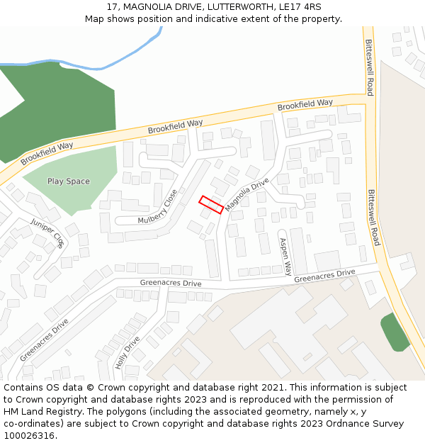 17, MAGNOLIA DRIVE, LUTTERWORTH, LE17 4RS: Location map and indicative extent of plot