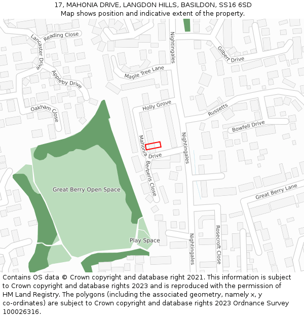 17, MAHONIA DRIVE, LANGDON HILLS, BASILDON, SS16 6SD: Location map and indicative extent of plot