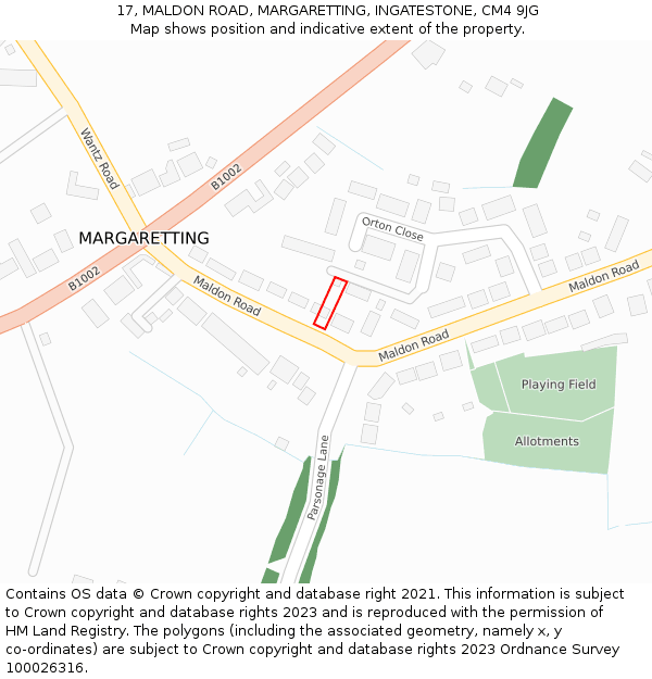 17, MALDON ROAD, MARGARETTING, INGATESTONE, CM4 9JG: Location map and indicative extent of plot