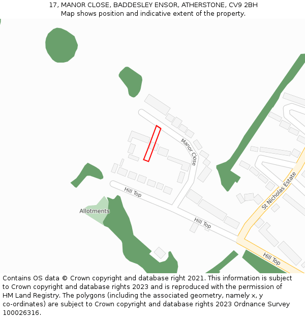 17, MANOR CLOSE, BADDESLEY ENSOR, ATHERSTONE, CV9 2BH: Location map and indicative extent of plot