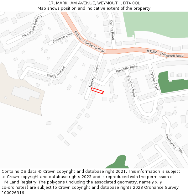 17, MARKHAM AVENUE, WEYMOUTH, DT4 0QL: Location map and indicative extent of plot