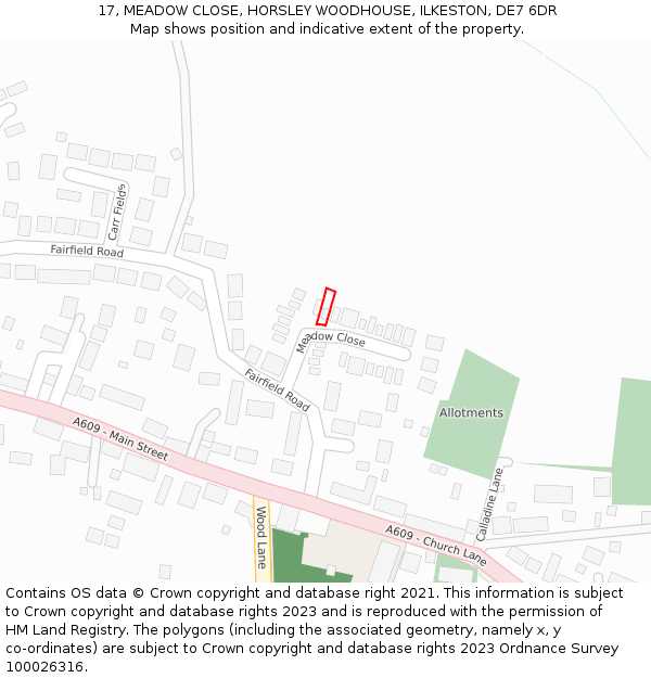 17, MEADOW CLOSE, HORSLEY WOODHOUSE, ILKESTON, DE7 6DR: Location map and indicative extent of plot